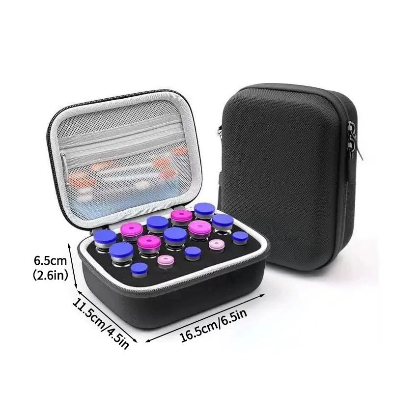 A portable insulin and peptide vial storage case shown with an open compartment and a separate padded carrying pouch.