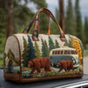 A quilted travel duffle bag featuring a scenic forest landscape with bears and trees.