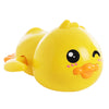 A bright yellow wind-up bath toy duck with a smiling face and orange beak.