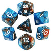 A collection of seven polyhedral dice in various colors and angles for role-playing games
