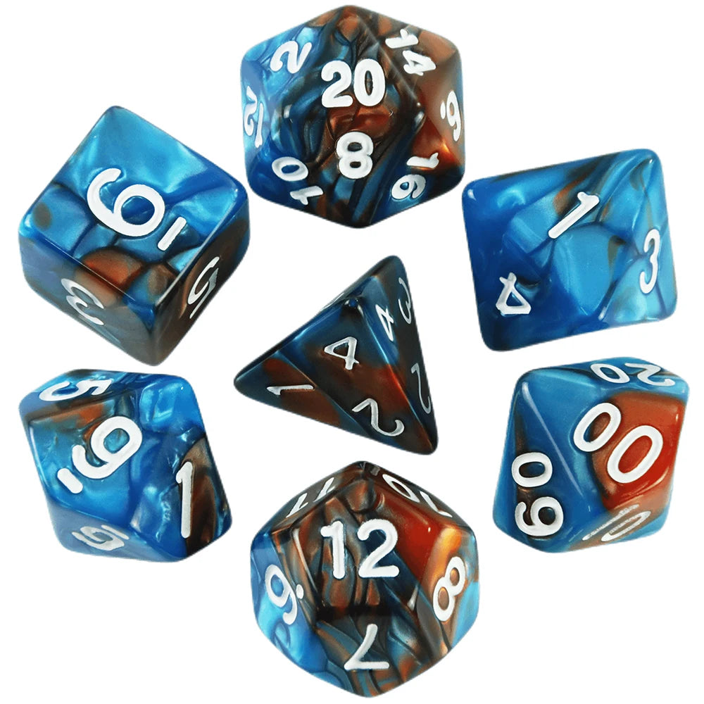 A collection of seven polyhedral dice in various colors and angles for role-playing games