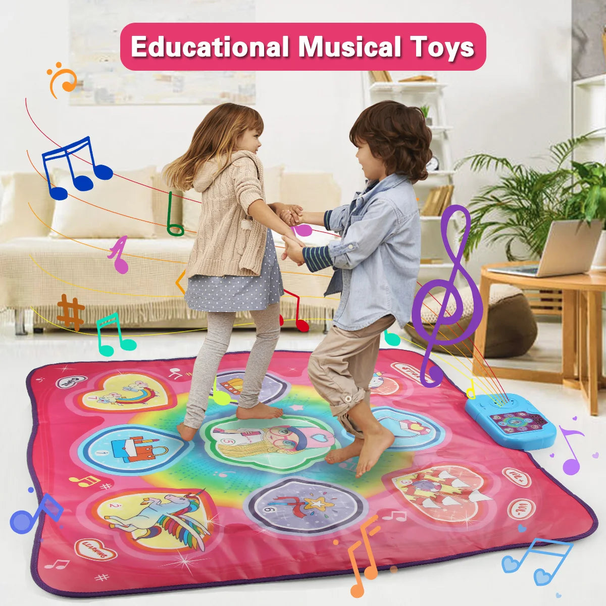 A pink mat with colorful musical notes and shapes is used by two children playing with educational musical toys.