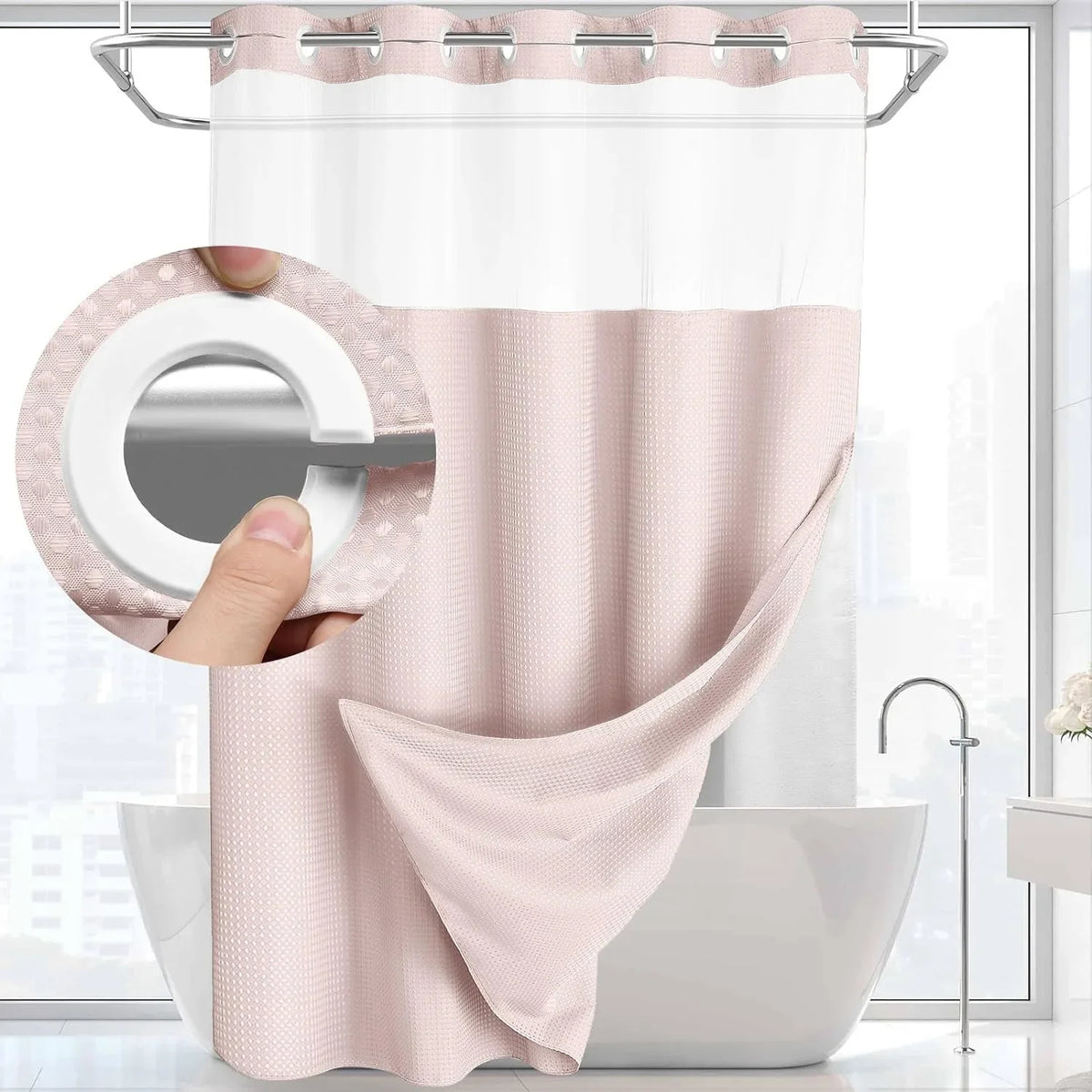 Double-Layer Waffle Shower Curtain with Built-in Snap Liner
