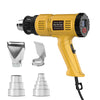 A yellow hot air gun with four metal nozzles and an attached cord.