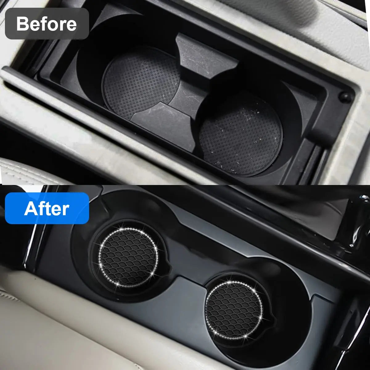 Before and after comparison of crystal rhinestone non-slip silicone car cup holder coasters.