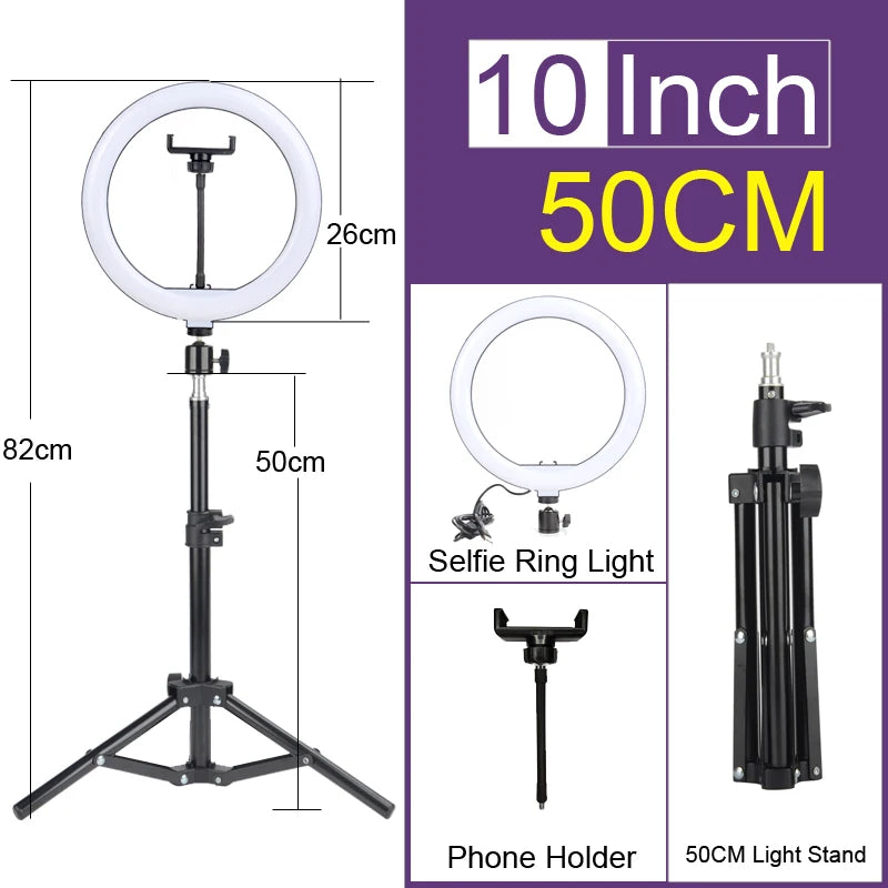 Black adjustable 10 inch selfie ring light with tripod and phone holder for video calls