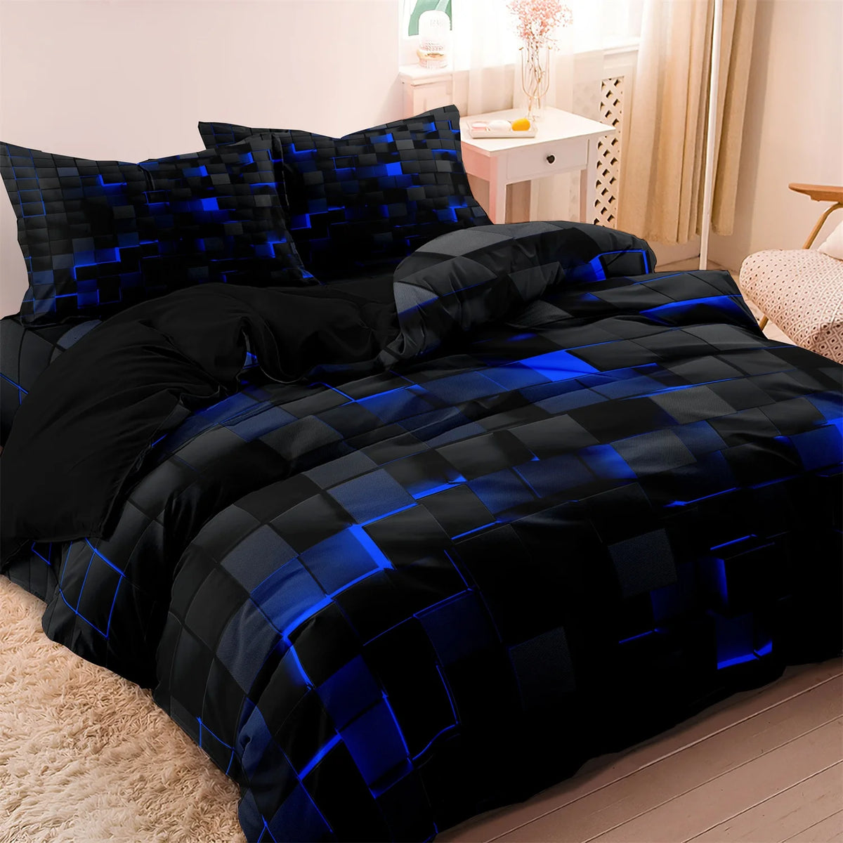 Geometric Grid Print Duvet Cover Set with Pillowcases