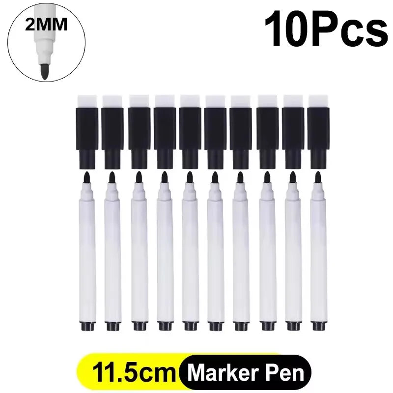 A set of five black magnetic dry erase markers with built-in erasers shown next to a 2mm needle.