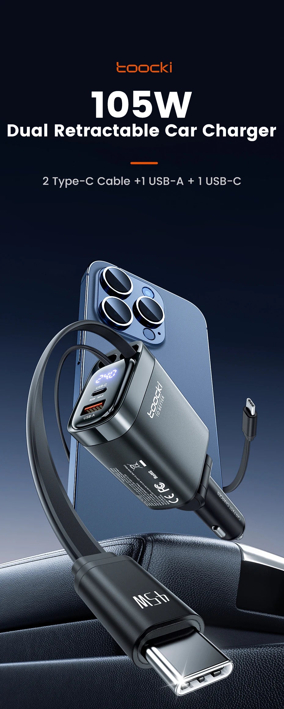 A black retractable car charger with a digital display and multiple cables is shown resting on a blue car interior.