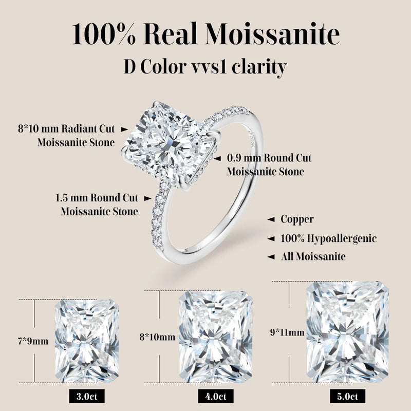 Radiant Cut Moissanite Engagement Ring with Hidden Halo