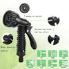 A black expandable garden hose with an adjustable high-pressure nozzle showing various spray modes.