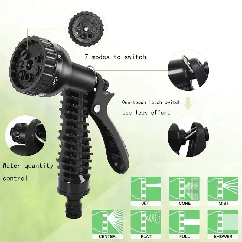 A black expandable garden hose with an adjustable high-pressure nozzle showing various spray modes.
