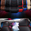 A set of universal leather car seat covers in various colors, including black, red, blue, and beige, shown with airbag compat