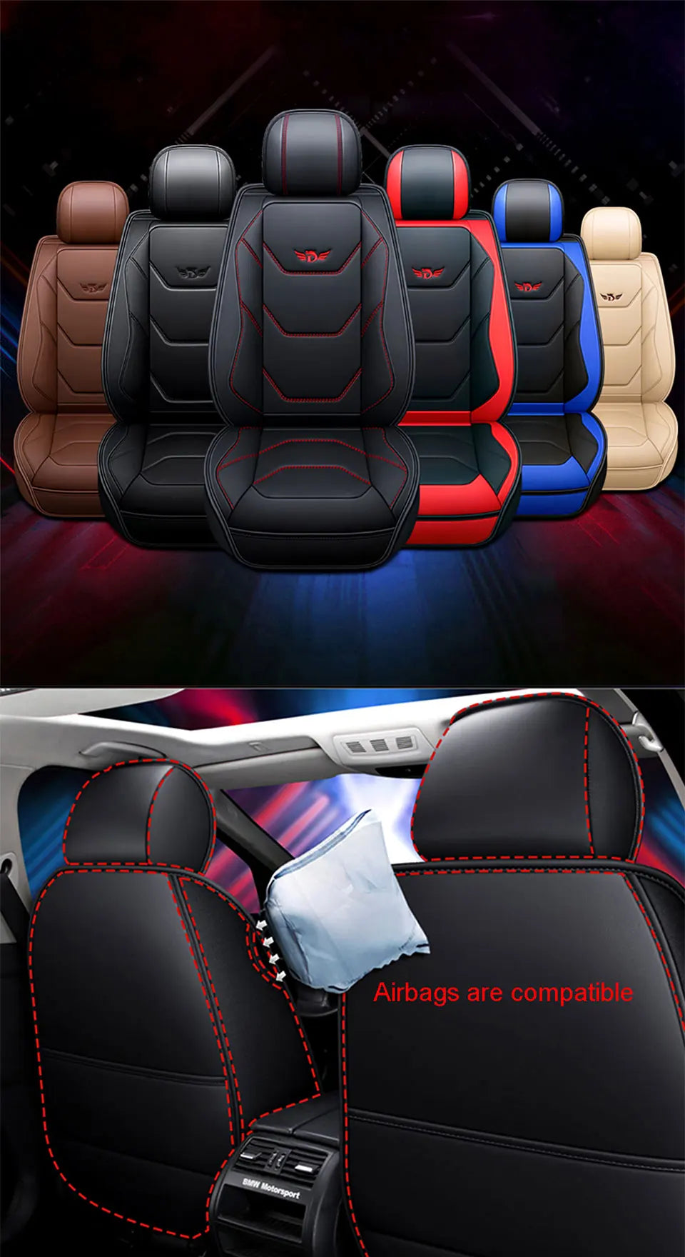 A set of universal leather car seat covers in various colors, including black, red, blue, and beige, shown with airbag compat