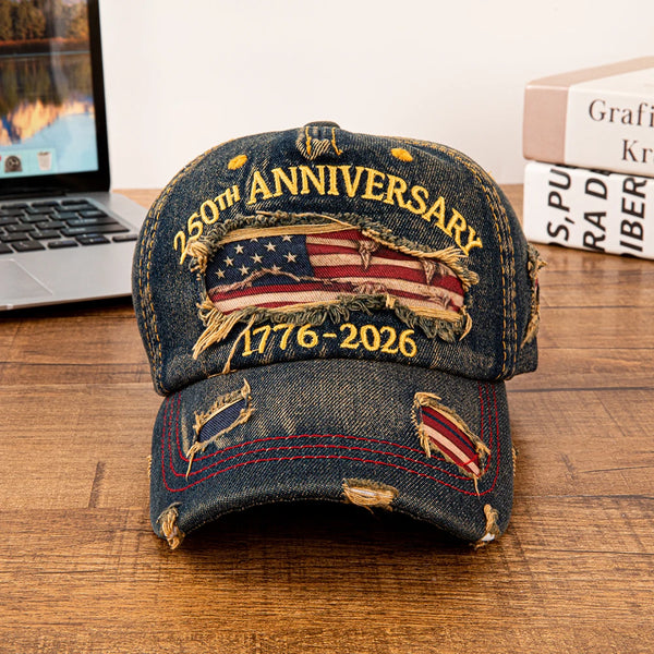 Vintage USA Flag 250th Anniversary Distressed Denim Baseball Cap