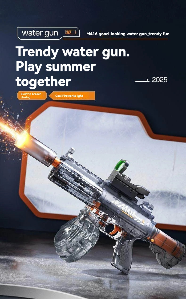 A close-up of an M416 style water gun with a continuous stream, featuring electric breech closing mechanism.