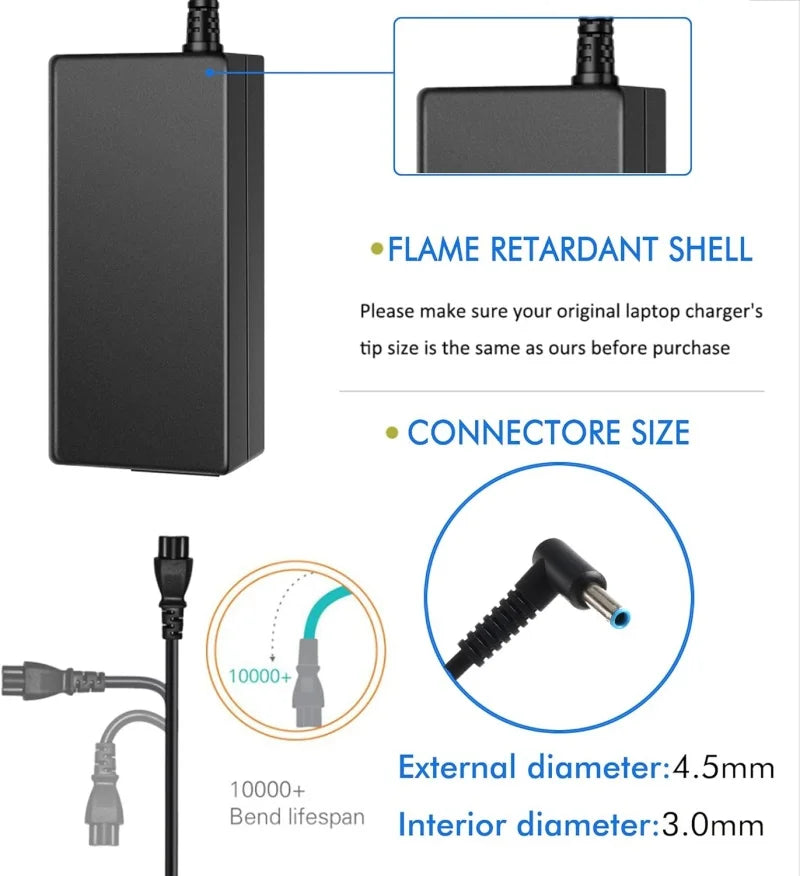 65W HP Laptop Charger with 4.5mm Blue Tip Connector