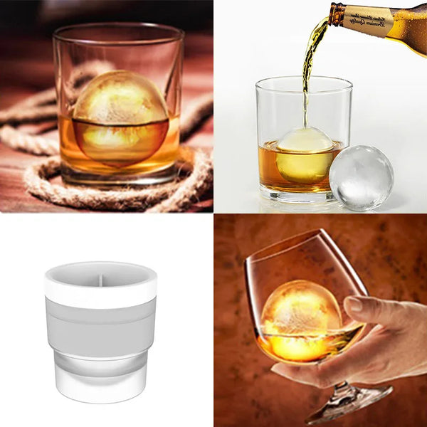 Gros plan d'un moule à boules de glace en silicone utilisé pour créer des glaçons sphériques dans un verre.