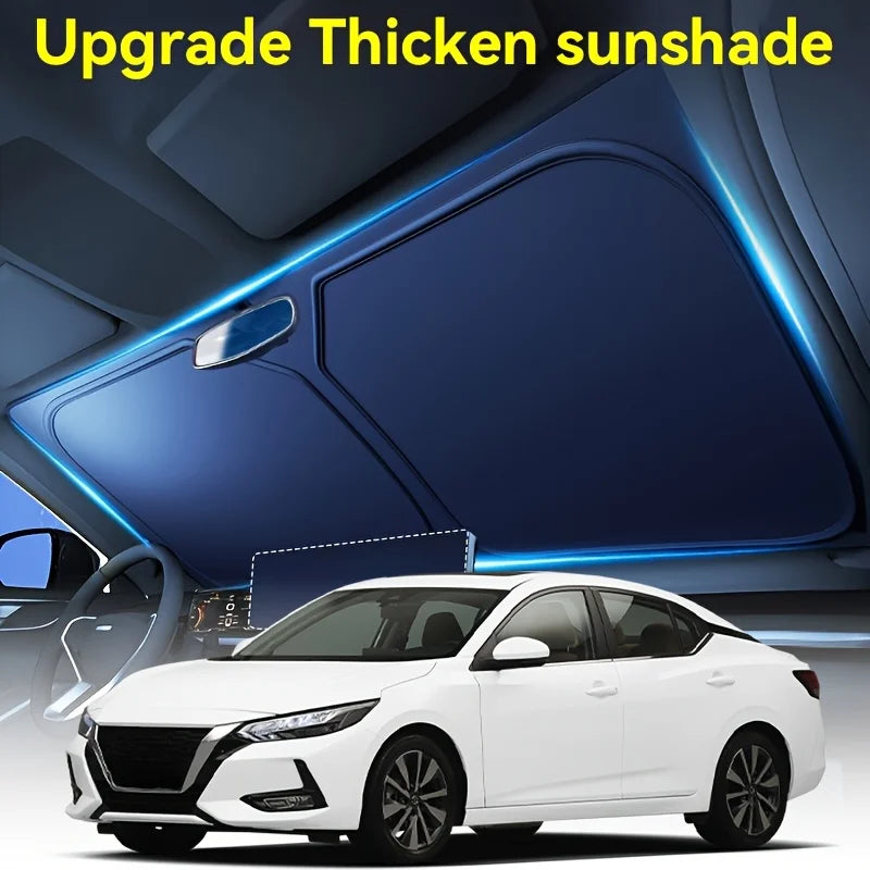 A white sedan is shown with an upgraded thick sunshade installed on the windshield.