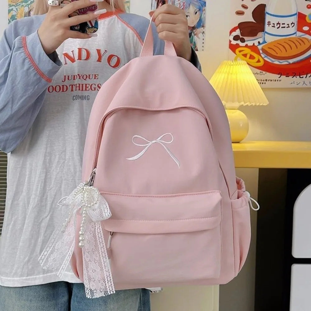 Embroidered Bow Nylon Backpack for Girls – Lightweight & Spacious