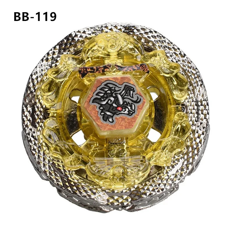 A yellow and silver alloy battle spinning top with an ornate, textured outer shell.
