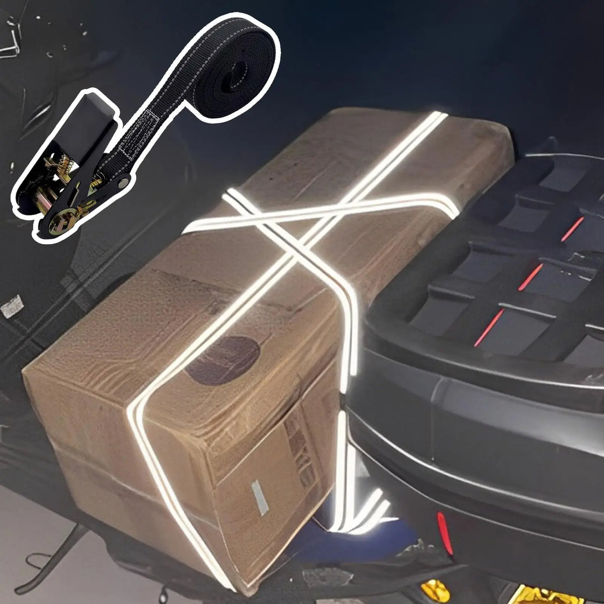 A wooden box is illuminated by neon light strips, with a separate strap shown above it.