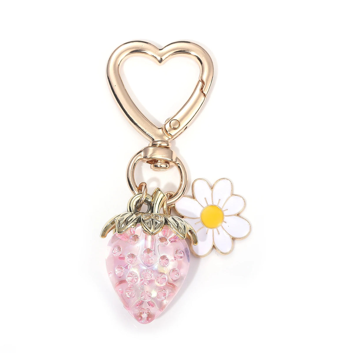 Clochette de forme cœur en or avec un détail de fleur de fraise rose et blanc