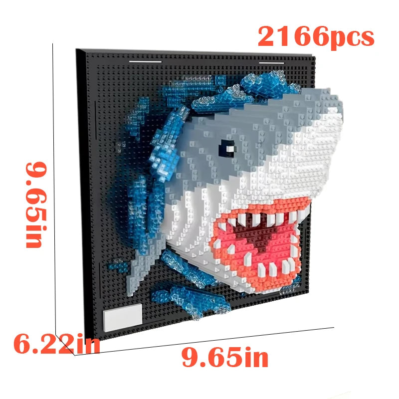 A 2166 piece mosaic building block wall art kit shaped like a shark, featuring blue and white blocks.