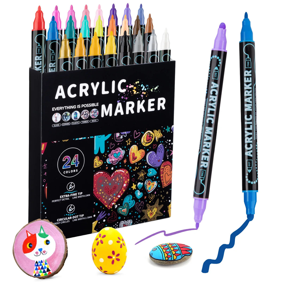 A set of black acrylic markers with purple tips and an egg-shaped object shown next to them.