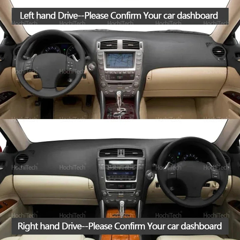 Before and after comparison of an anti-slip dashboard cover installation in a Lexus IS series vehicle.