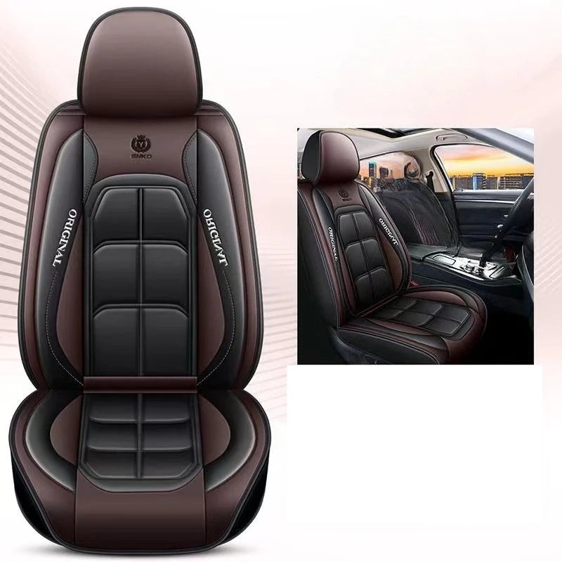 A brown leather universal car seat cover with black stitching and embossed design shown in a studio setting.