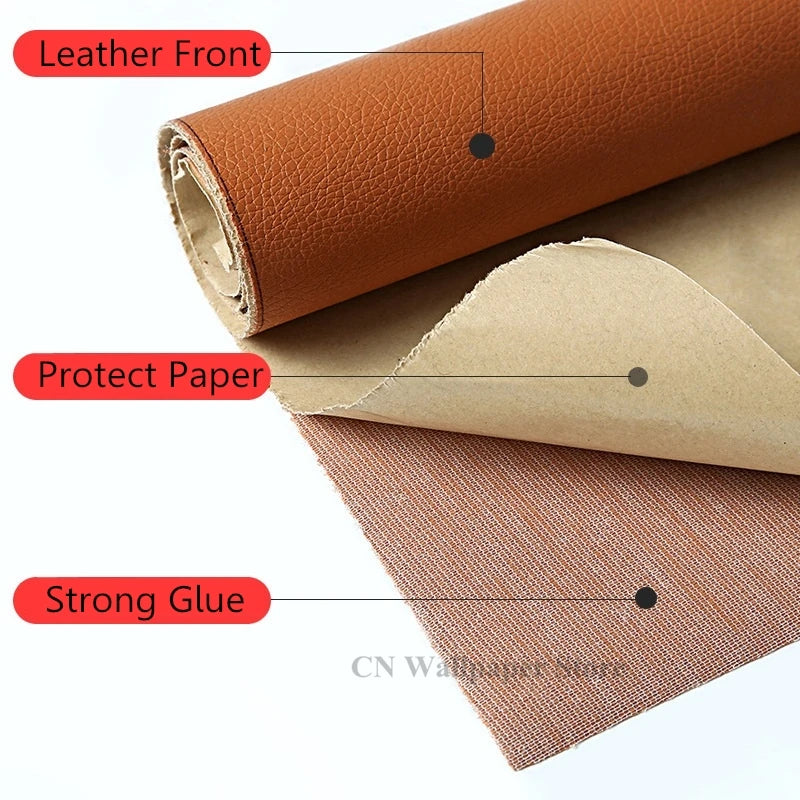 Rolls of self-adhesive leather repair patches showing the layers: leather front, protect paper, and strong glue.