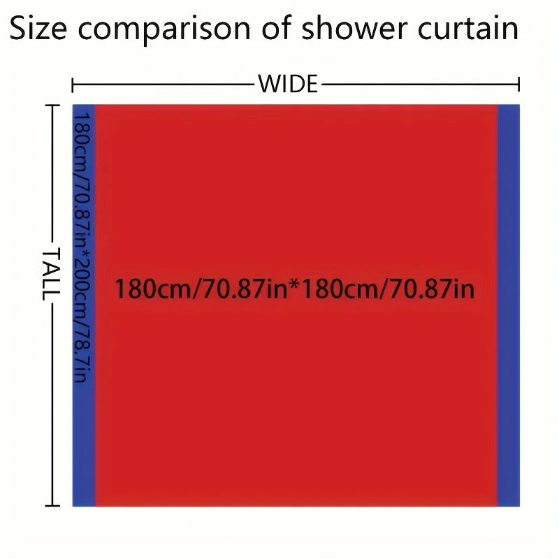 A comparison showing the size of a shower curtain, measuring 180cm/70.87in wide and 200cm/78.7in tall.