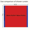 A comparison showing the size of a shower curtain, measuring 180cm/70.87in wide and 200cm/78.7in tall.