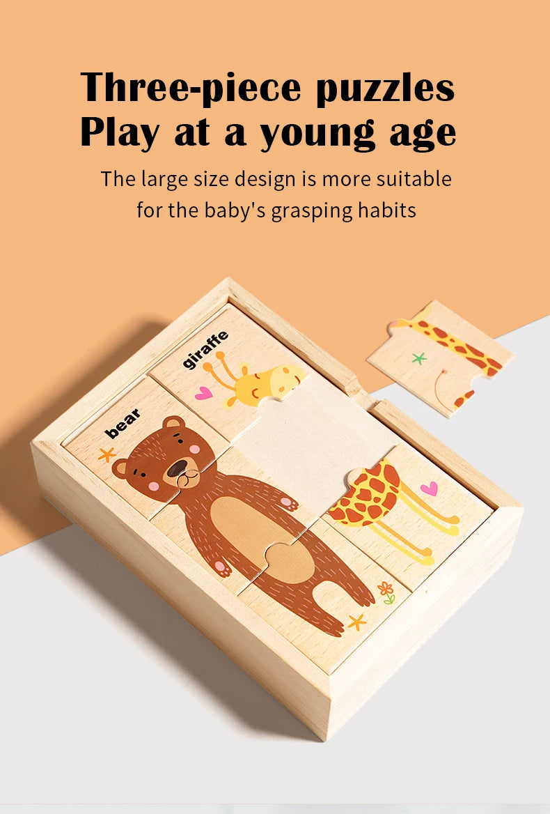 A wooden three-piece puzzle featuring animals like a bear and giraffe designed for young children.