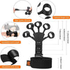 Black adjustable finger strengthener with a wrist strap shown in various configurations.