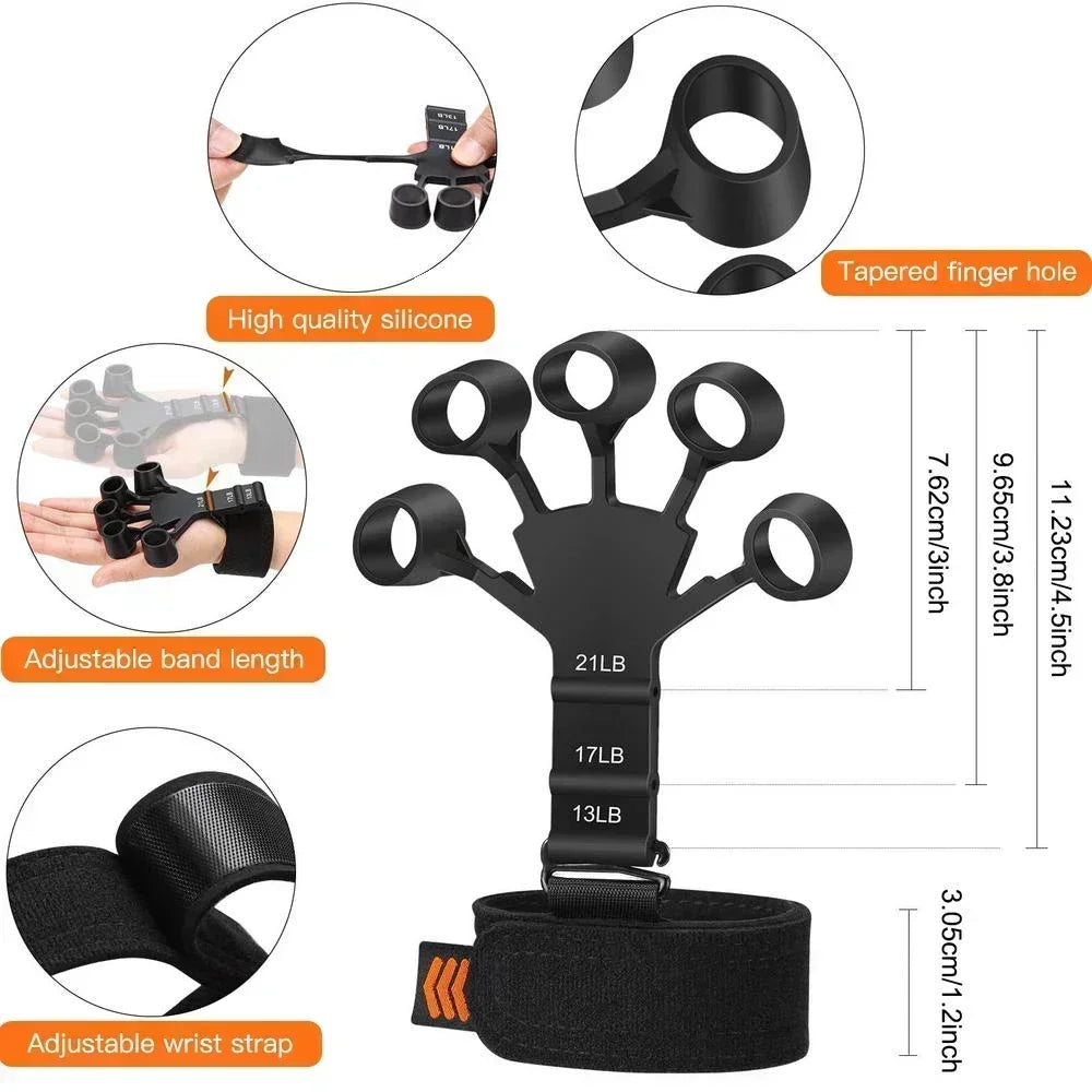 Black adjustable finger strengthener with a wrist strap shown in various configurations.