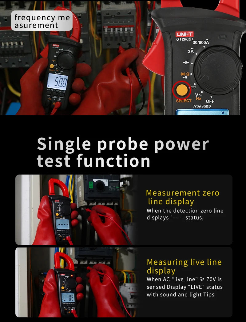 Digital clamp meter with True RMS features including single probe power test and line display functions