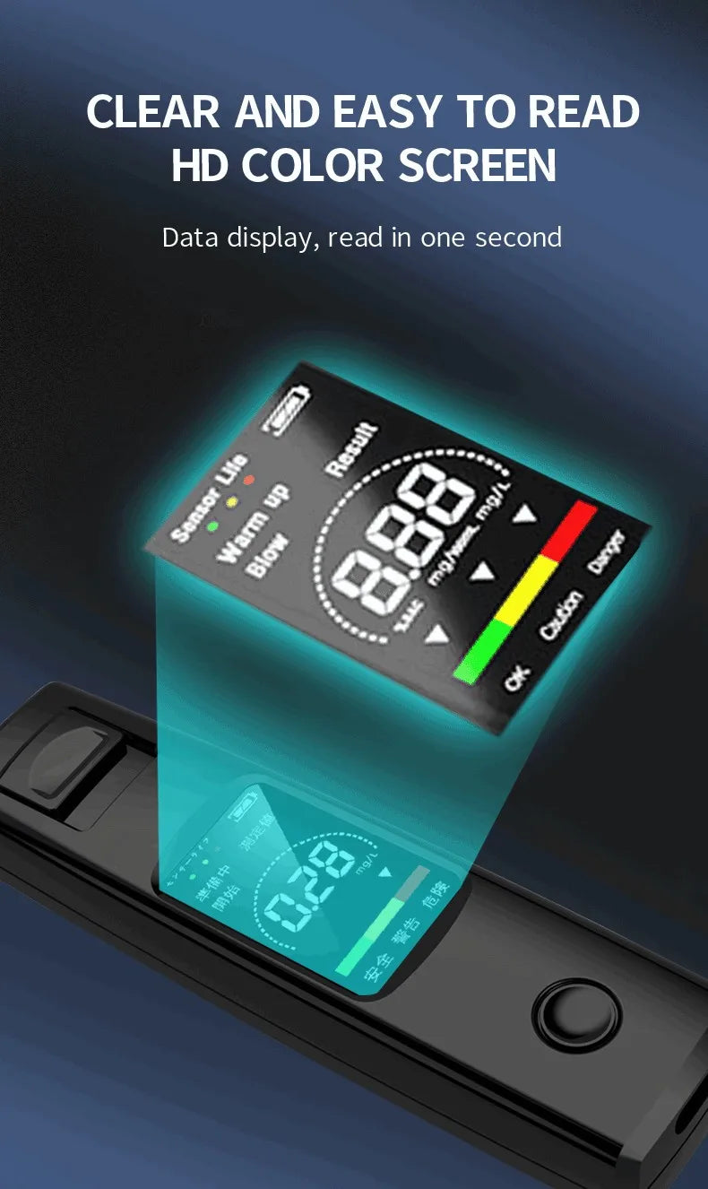 A close-up of a portable digital breathalyzer displaying an 8.88 result on a clear HD color screen.