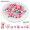 A collection of 45 round silicone beads in pink and gray colors, including a pig shape, for jewelry making.