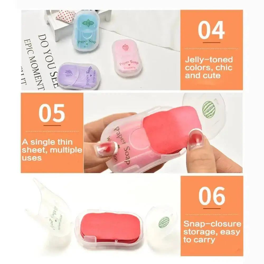 A set of six portable travel soap sheets in various colors and packaging shown for use.