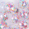 Clear or translucent spherical confetti filled with colorful paper shreds for parties and celebrations