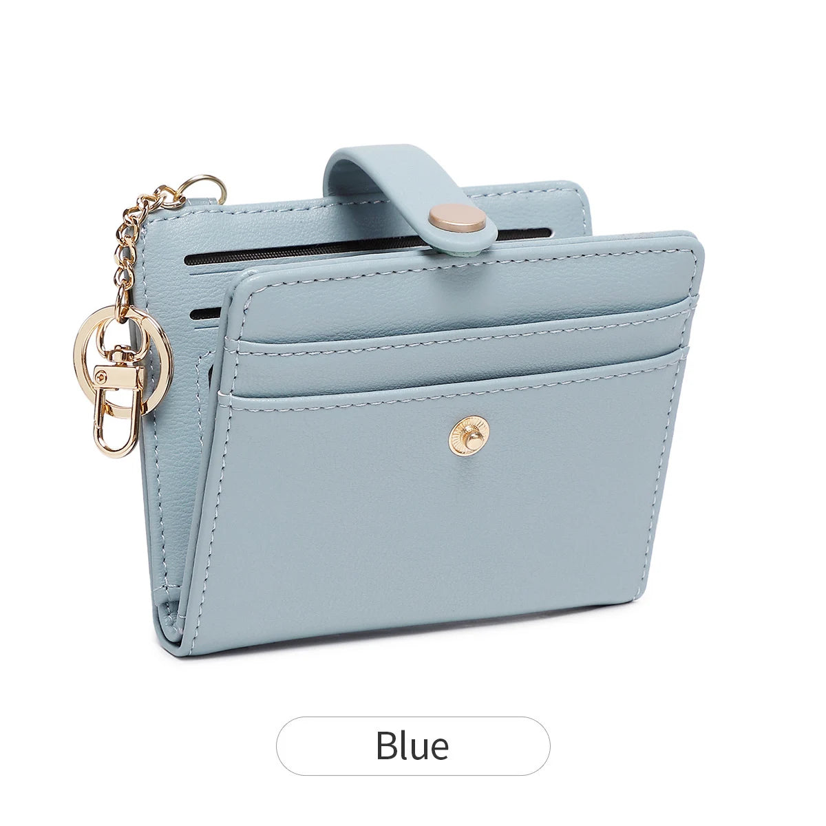 A light blue RFID shielded women's bi-fold credit card wallet with a gold chain attached.