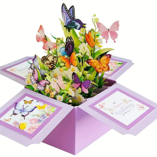 3D Pop-up Geburtstagskarte mit Blumenarrangement und bunten Schmetterlingen.