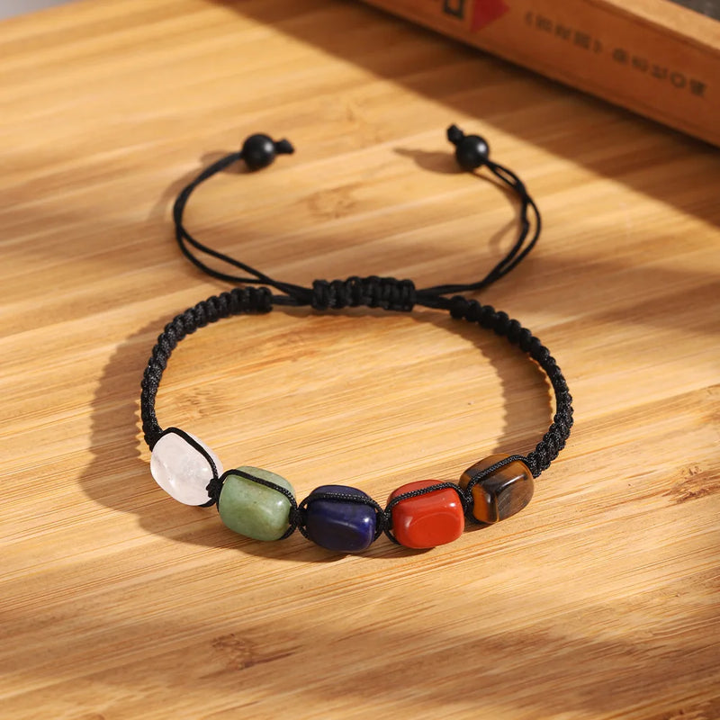 Natural Stone Chakra Bracelet with Adjustable Braided Cord
