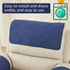 A navy blue quilted headrest protector cover is shown on a white recliner chair.