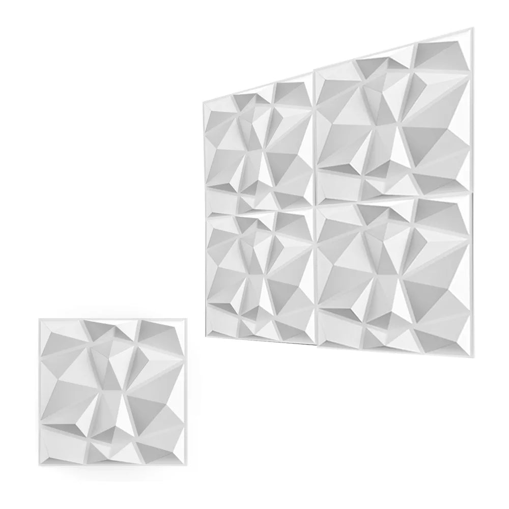 A set of white 3D diamond textured wall panels used for modern accent wall decor.