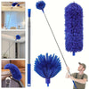 Extendable microfiber duster with two blue fuzzy heads for cleaning high ceilings and fans