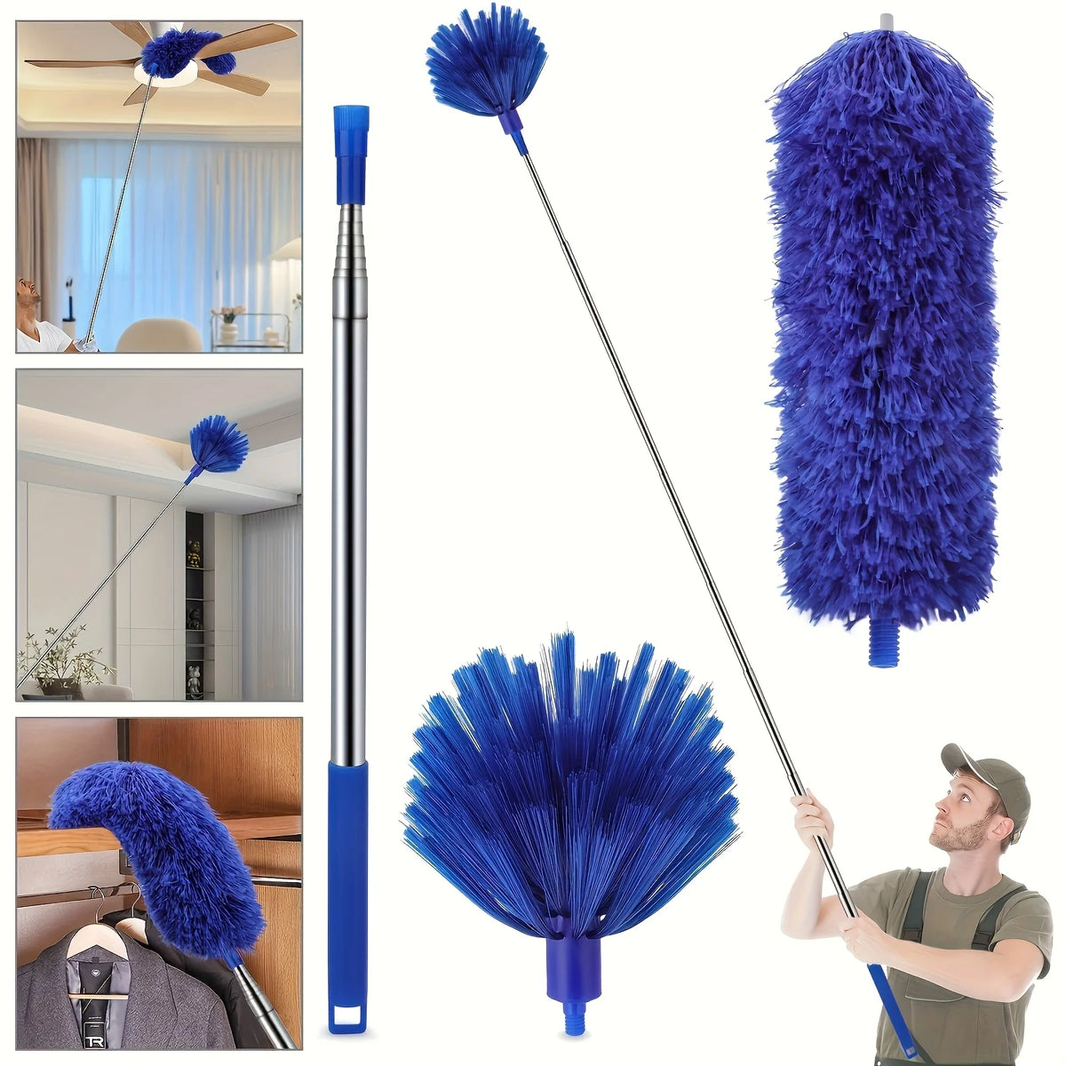 Extendable microfiber duster with two blue fuzzy heads for cleaning high ceilings and fans