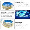 A blue and yellow LED strip light is shown with various features including safety, smooth lighting, and bendability.